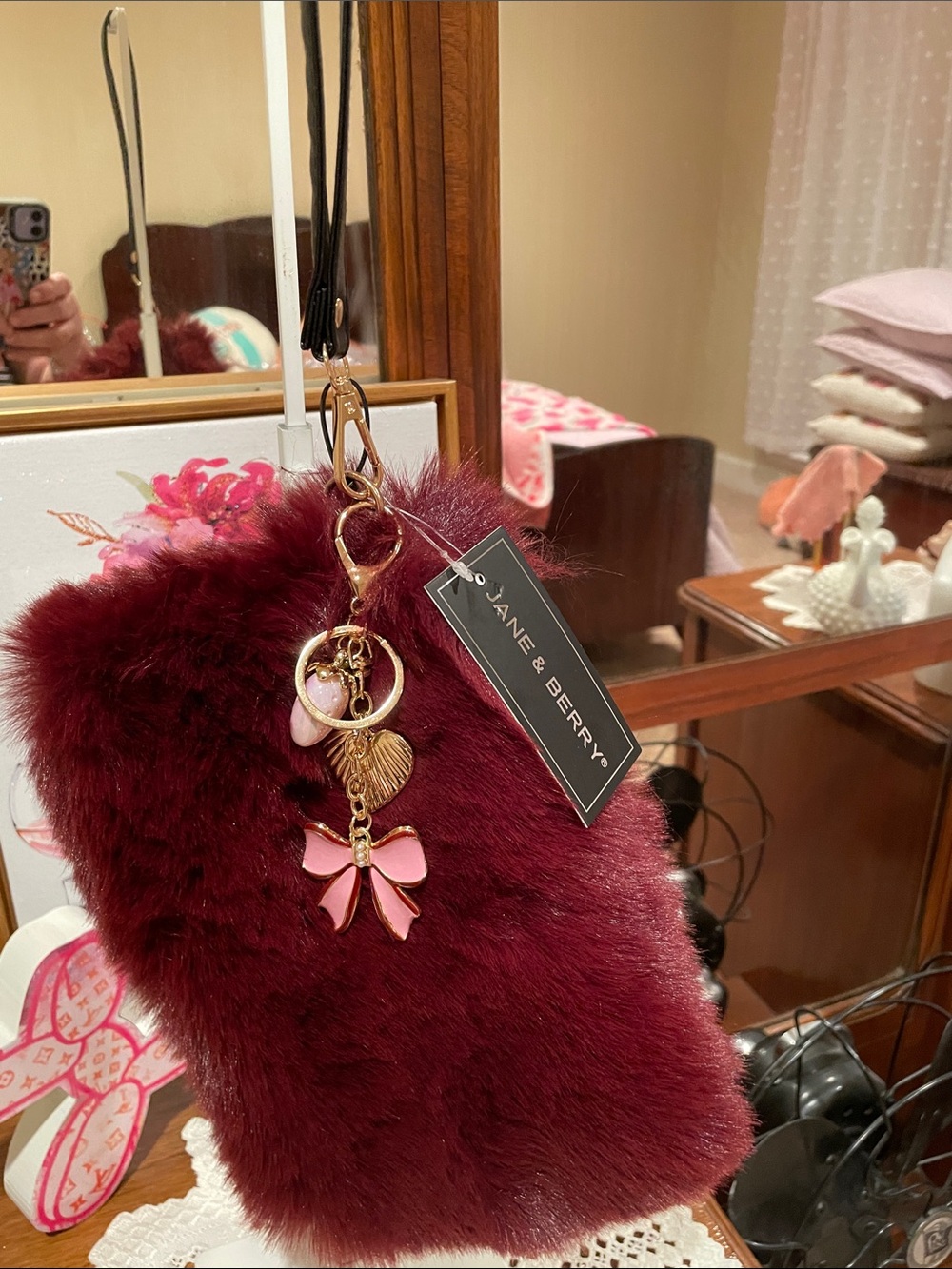 Jane & Berry Burgundy Faux Fur wristlet Bag with Pink Bow Charm